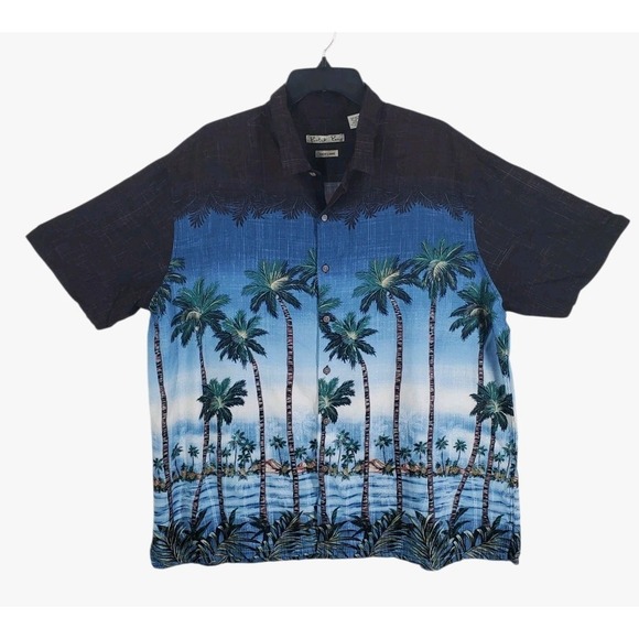 Batik Bay Hawaiian Shirt Mens 2XL Blue Black Palm Trees Island Water AOP Button - Picture 1 of 9